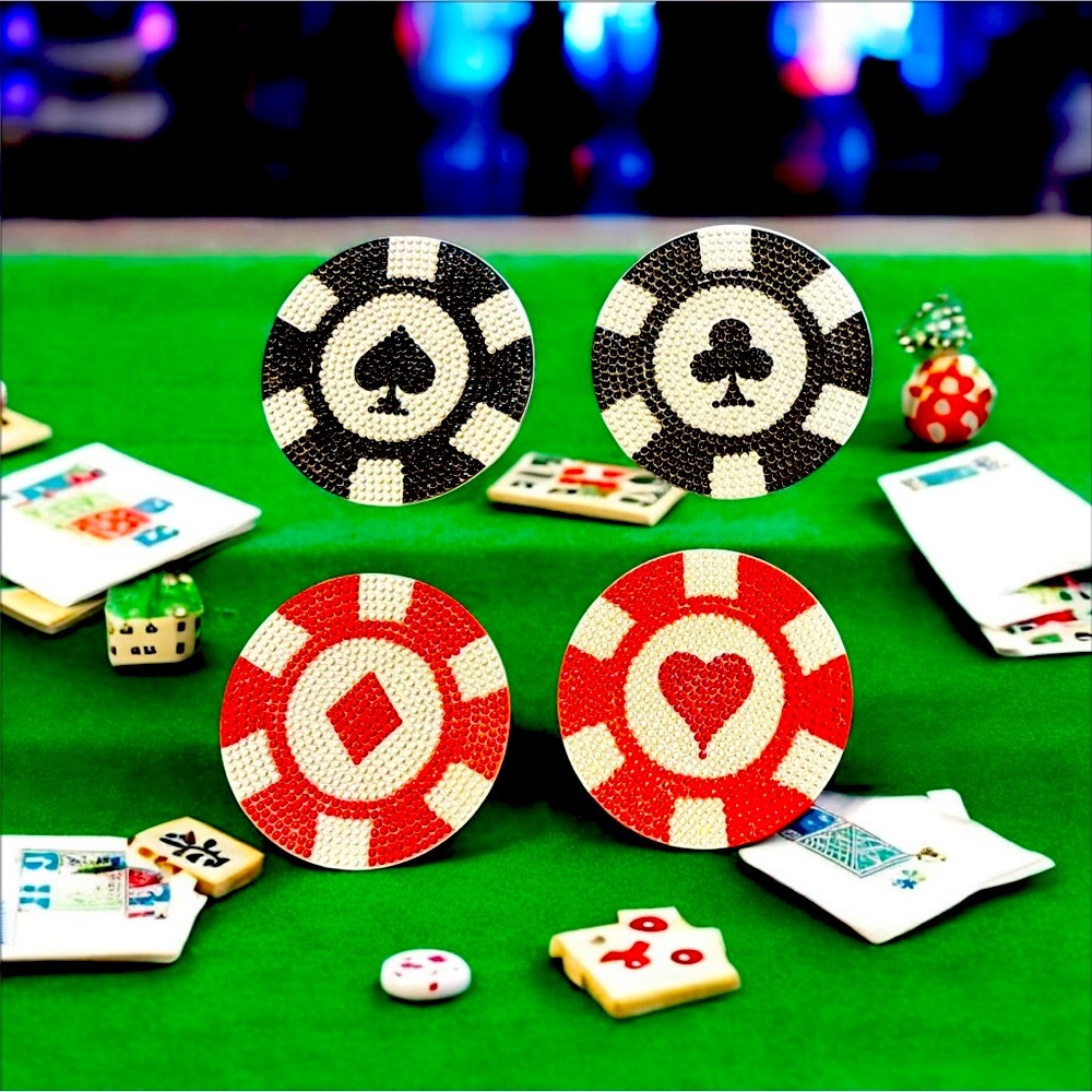 Coasters Poker Chip Theme Set of 4 with Holder Hand Crafted Sealed Diamond Art